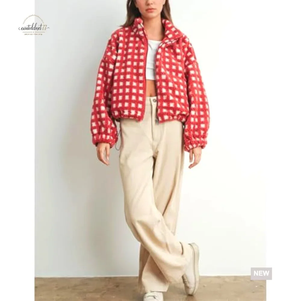 Cropped Sherpa Jacket Plaid Fleece Zip Up Casual Long Sleeve with Pockets - Picture 6 of 7